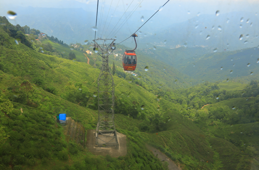 Image of a cable car moving over lush green tea estates in Darjeeling. 