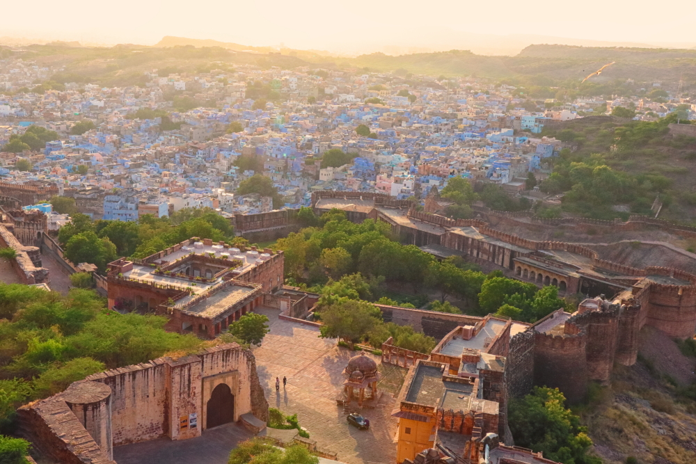 Aerial view of Blue City of Jodhpur from Mehrangarh Fort.