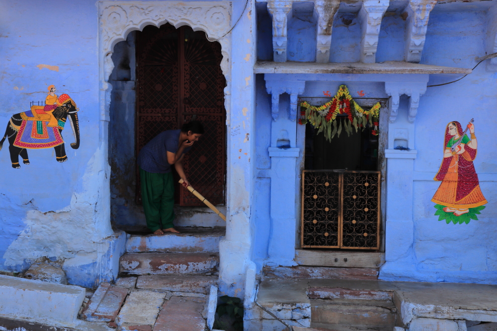 Paintings on the exterior of houses in the blue city of Jodhpur is a common feature.
