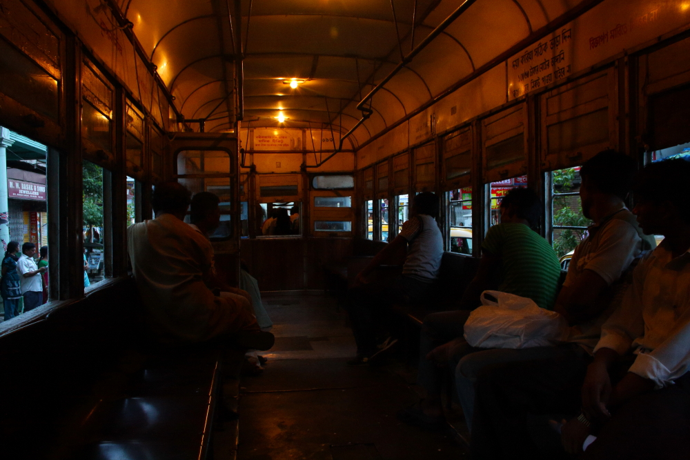 Inside Kolkata Tram with lights on