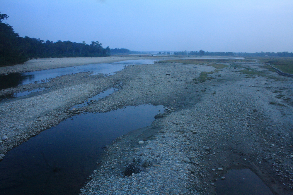 An image showing the Murti river which is largely dry during winter like other rivers in Dooars. There is a small stream at the centre with scatterd puddles here and there and exposed liver bed covered with pebbles and gravel.