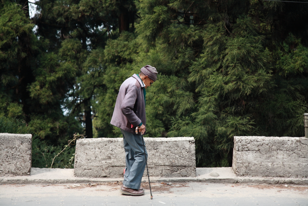 An old man walking along the Hill Cart Road, Darjeeling.