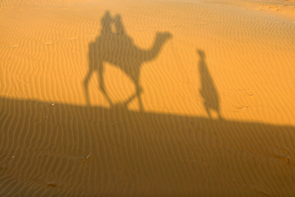 Shadow of tourists riding on a camel in Sam sand dunes
