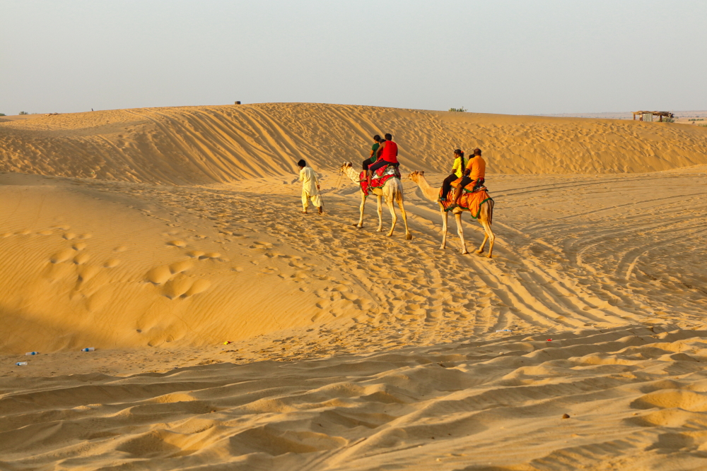Tourists riding on a camel over a sand dune near Sam in Rajasthan.