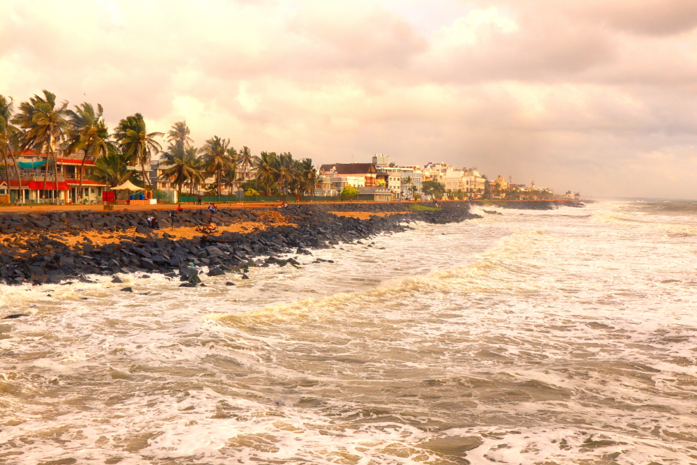 The Pondicherry shoreline looks beautiful with old French buildings lining across. 