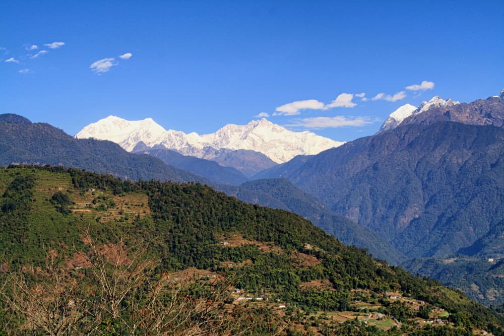 View of Mt Kanchenjunga, the highest peak of India and the 3rd highest peak in the world, from Yuksom in Sikkim