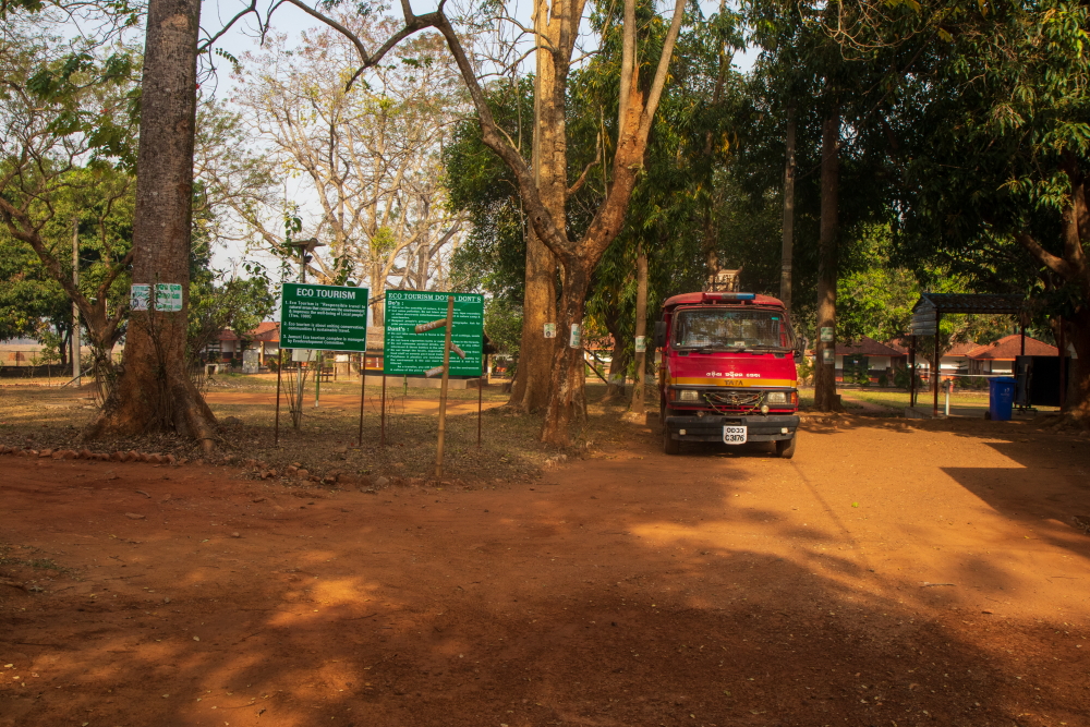A firetruck inside Jamuani Nature Camp located in the Simlipal National Park buffer area.